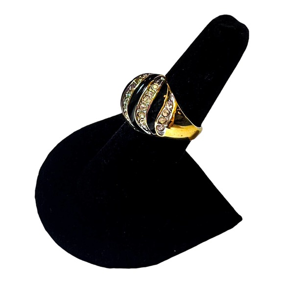 Vintage Black Enamel Clear‎ Rhinestone Striped Dome Gold Bubble Ring sz 7 - Picture 2 of 5